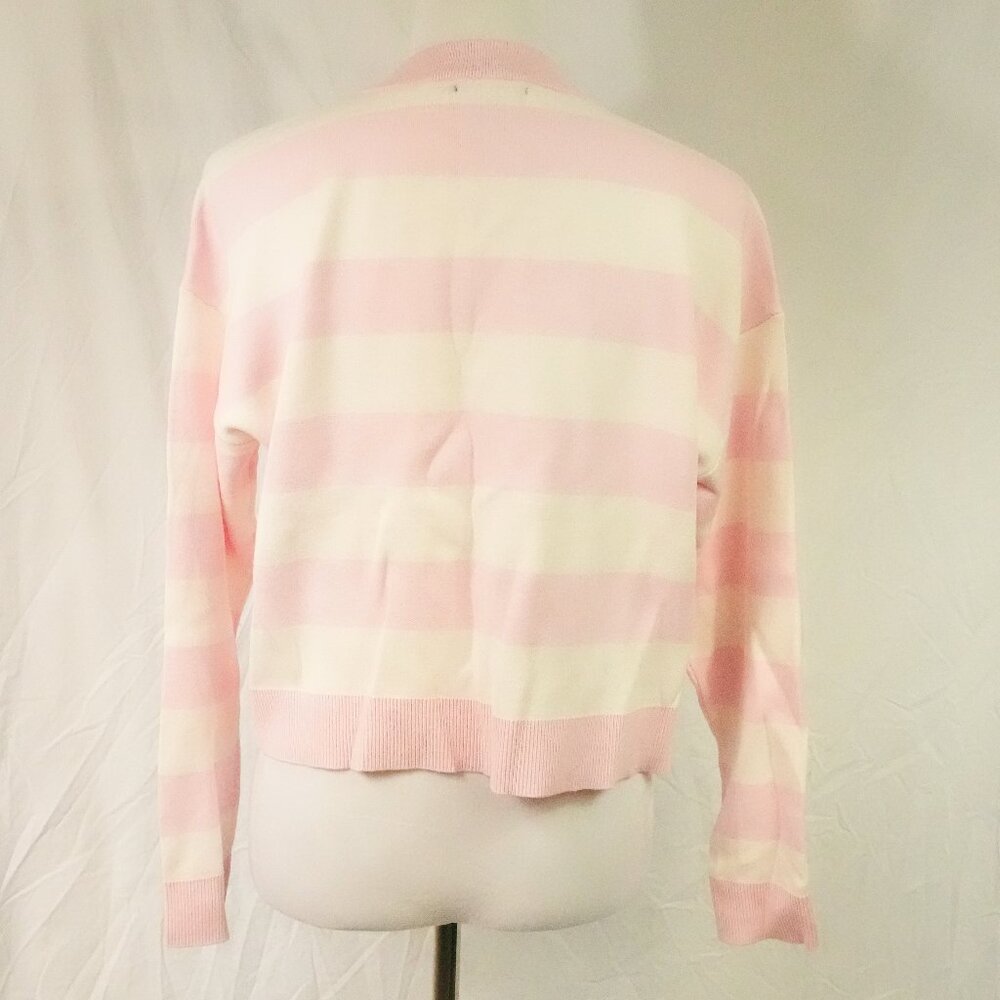 Sweater Cardigan with Gold Buttons Womens Medium Pink White Stripes Crew Neck - Picture 4 of 4